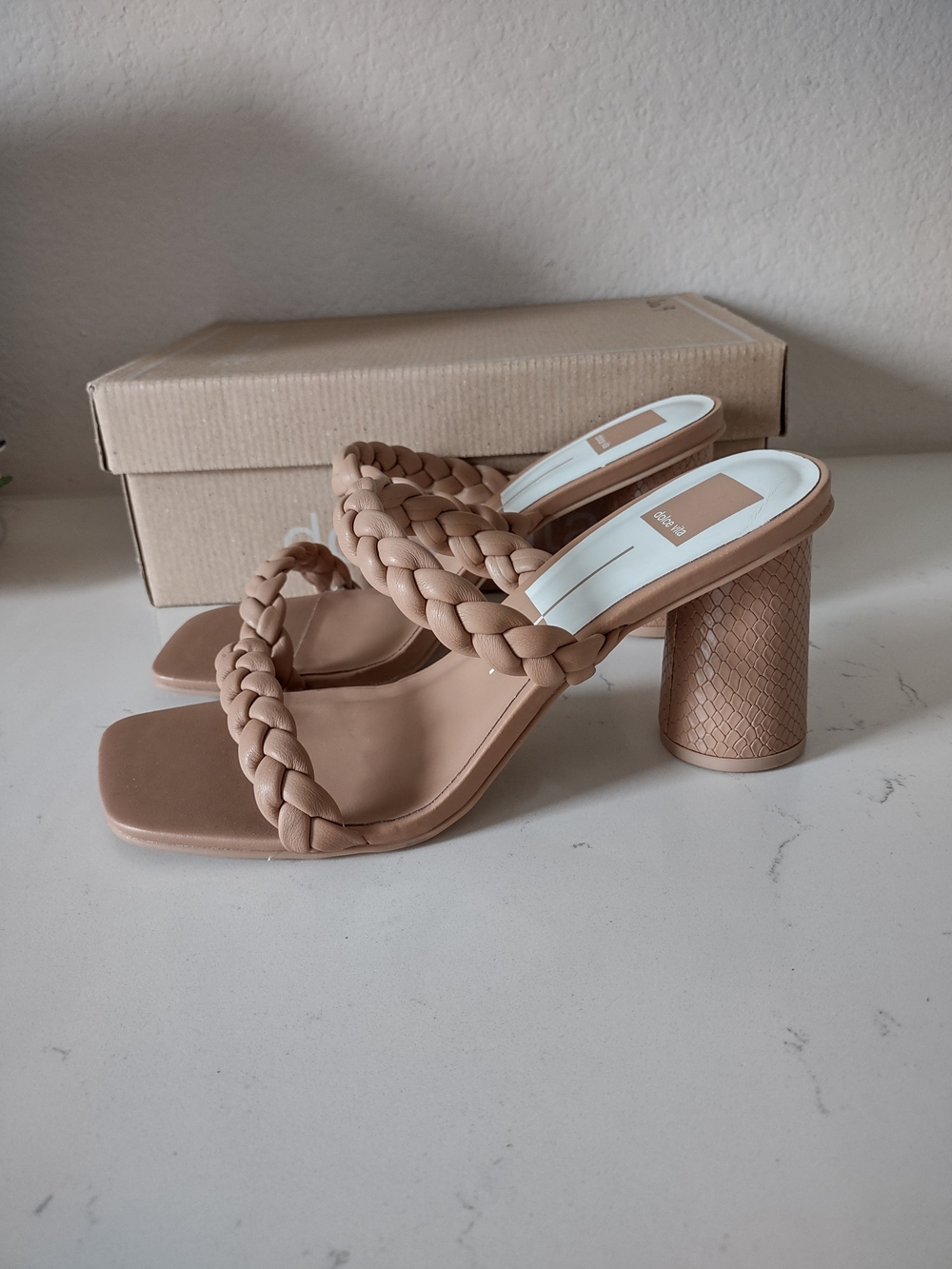 Braided Strap Block Heel Sandals - Nude